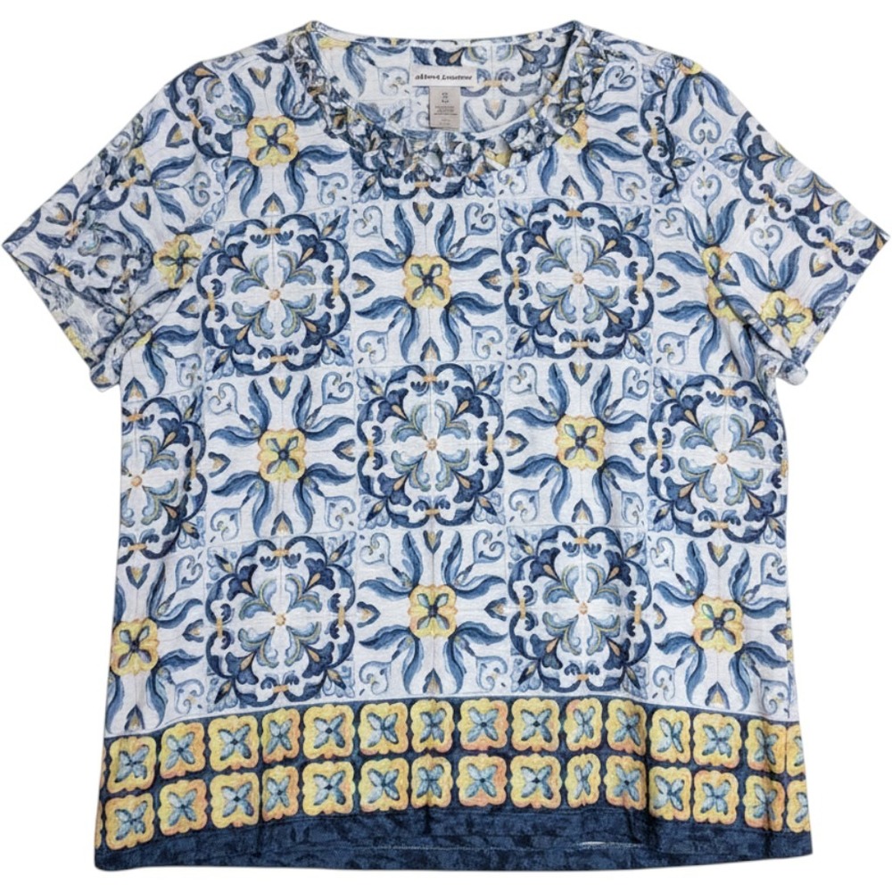 Alfred Dunner 1X Blue Yellow Mediterranean Tile Aegean Print Lattice Neck Tunic